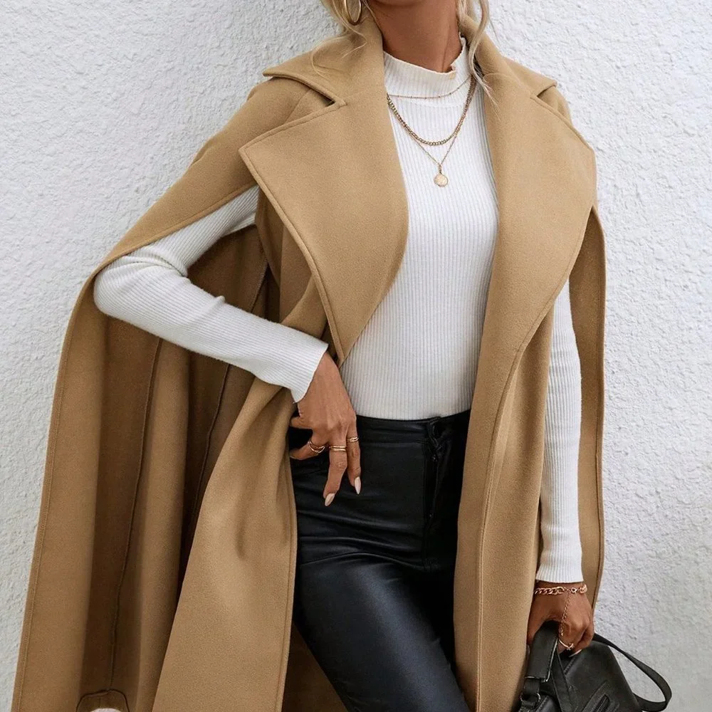 Khaki Preppy Womens Cloak Sleeve Belted Cape Coat - Picture 4 of 6